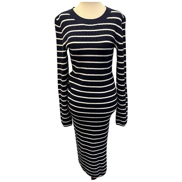 GAP MEDIUM Sweater Midi Dress Long Sleeve Pullover Navy White Striped Rib-knit - Picture 2 of 11